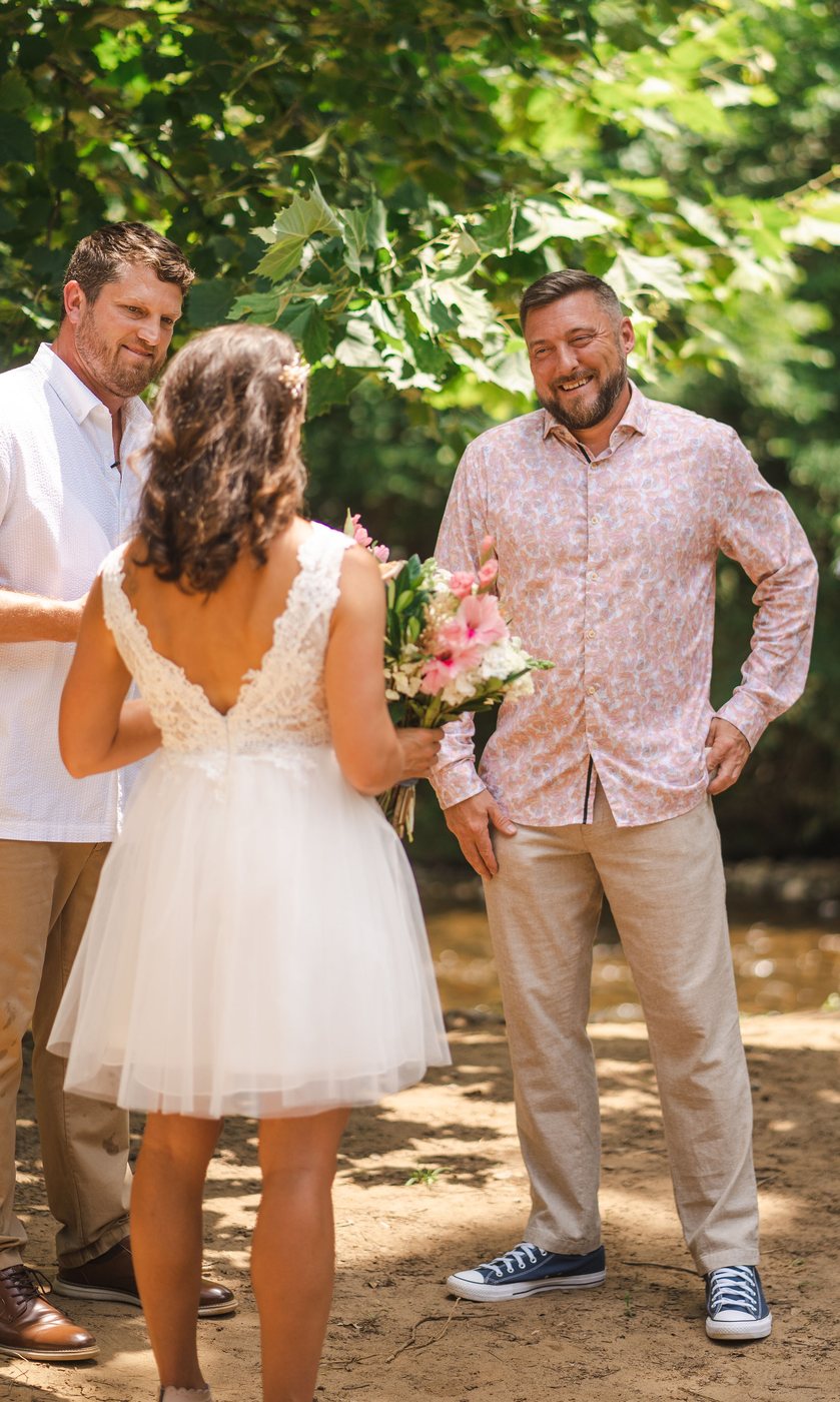 A bride and groom on the brewery grounds